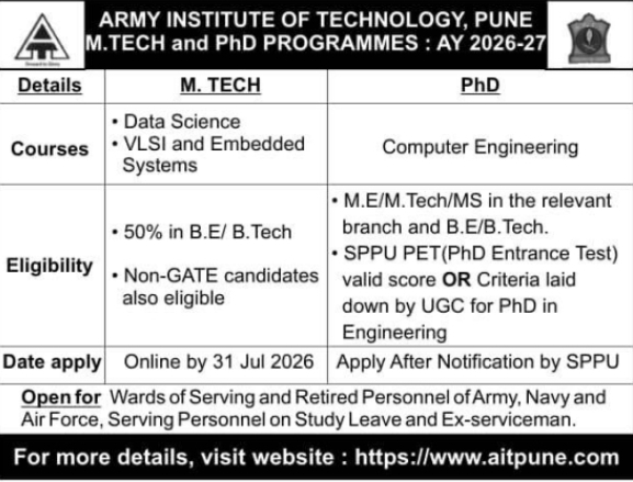 AIT Pune: M.Tech & PhD Admissions 2026-27