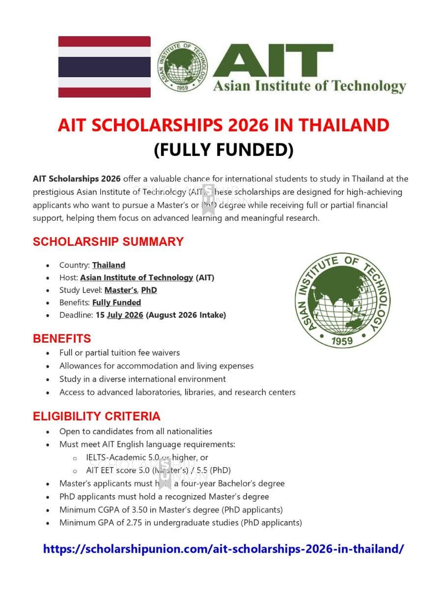AIT Scholarships 2026 in Thailand