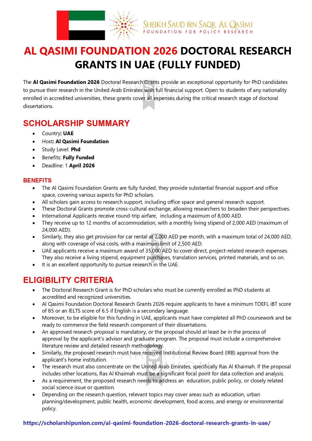 Al Qasimi Foundation Doctoral Research Grants 2026 In UAE