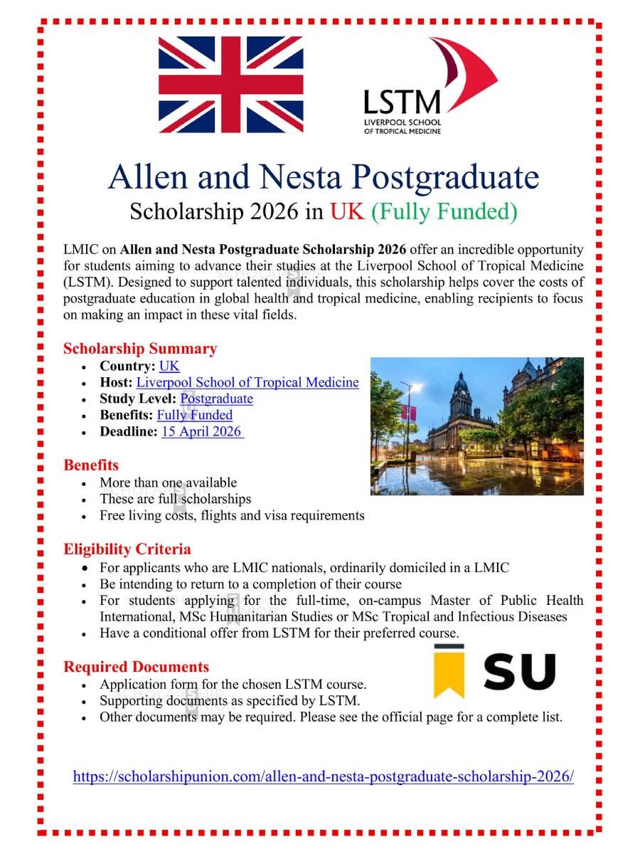 Allen and Nesta Postgraduate Scholarship 2026 in UK