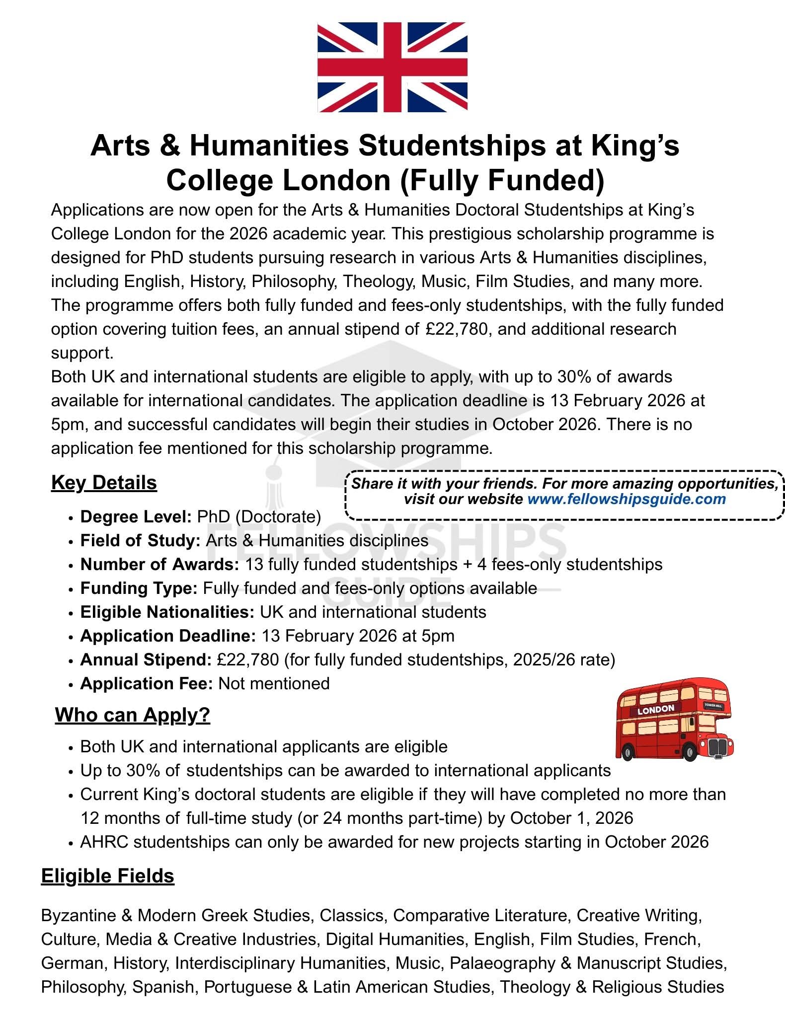 Fully Funded Arts & Humanities PhD Studentships at King's College London