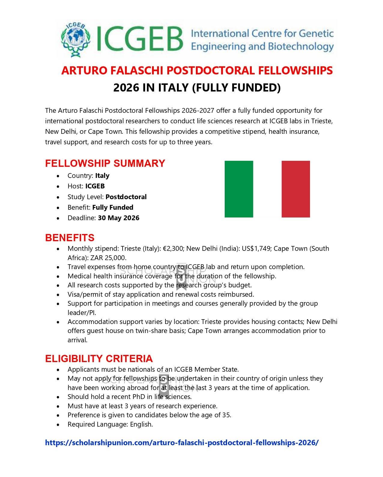 Arturo Falaschi Postdoctoral Fellowships 2026 in Italy