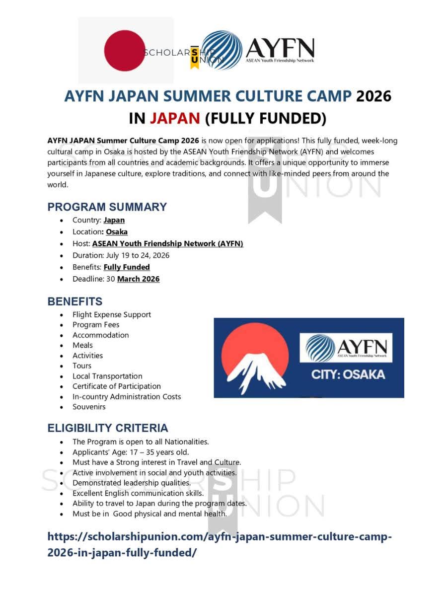 ASEAN YOUTH FRIENDSHIP NETWORK (AYFN) SUMMER CULTURE CAMP 2026 IN JAPAN