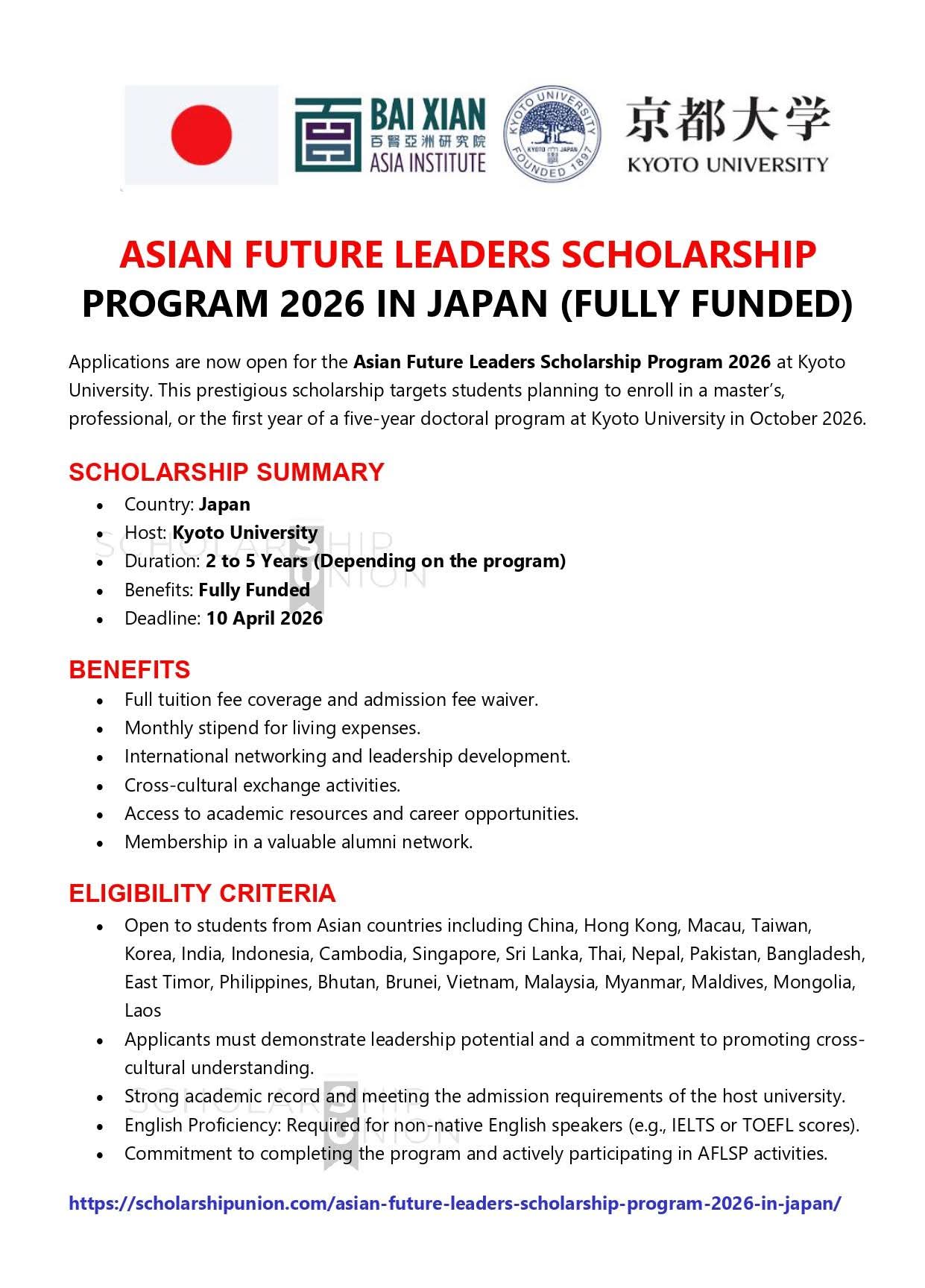 Asian Future Leaders Scholarship Program 2026 In Japan