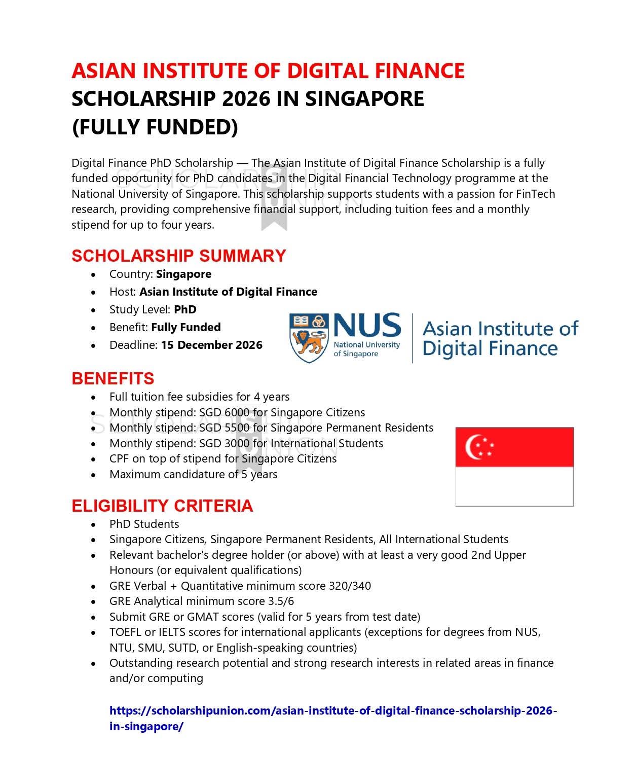 Asian Institute Of Digital Finance Scholarship 2026 in Singapore
