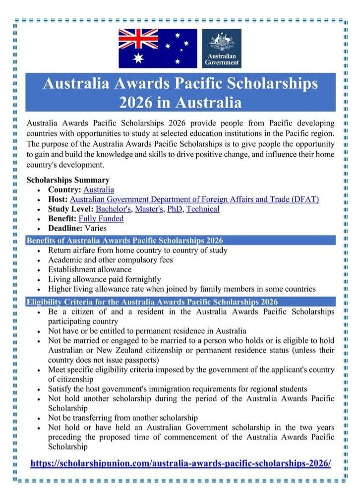 Australia Awards Pacific Scholarships 2026 in Australia