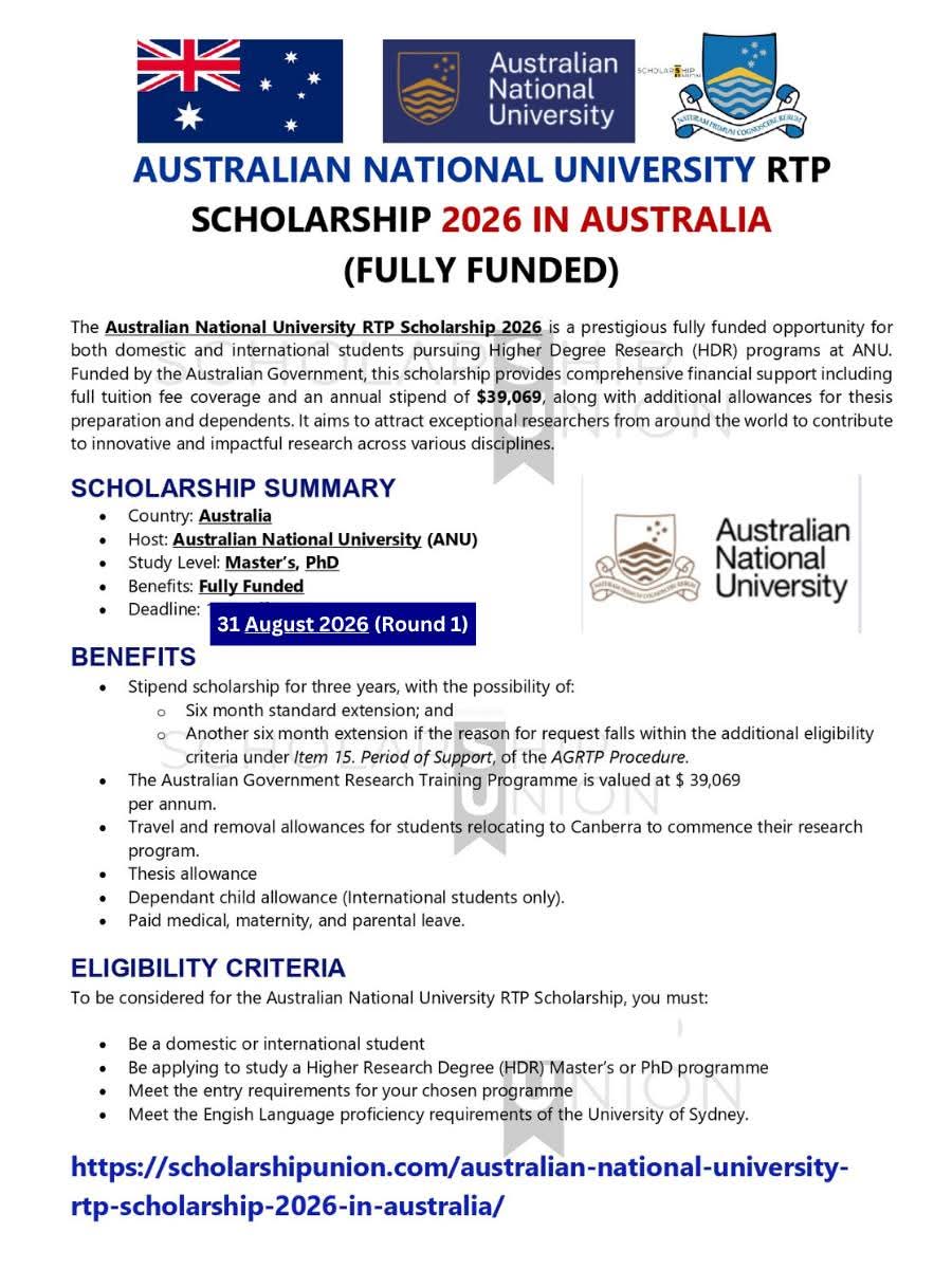 Australian National University  RTP Scholarship 2026 in Australia