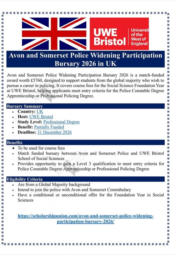 Avon and Somerset Police Widening Participation Bursary 2026 in UK