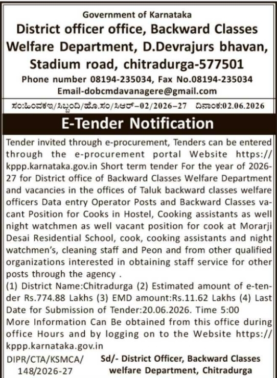 Backward Classes Welfare Department Chitradurga: Manpower Supply E-Tender