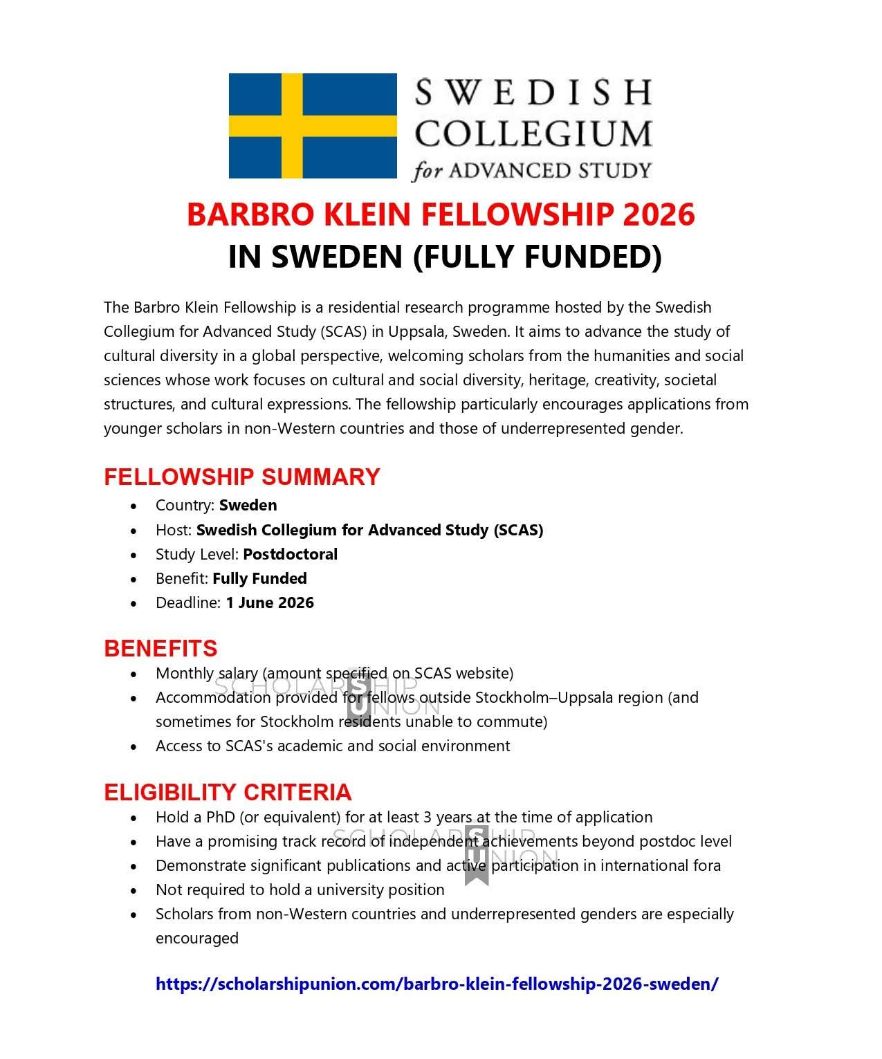 Barbro Klein Fellowship 2026 in Sweden