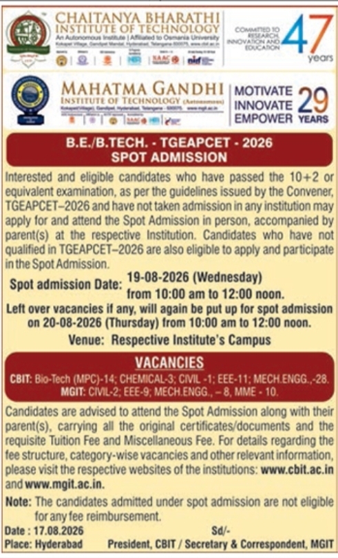 B.E. and B.Tech TGEAPCET Spot Admissions Notification by CBIT and MGIT Hyderabad