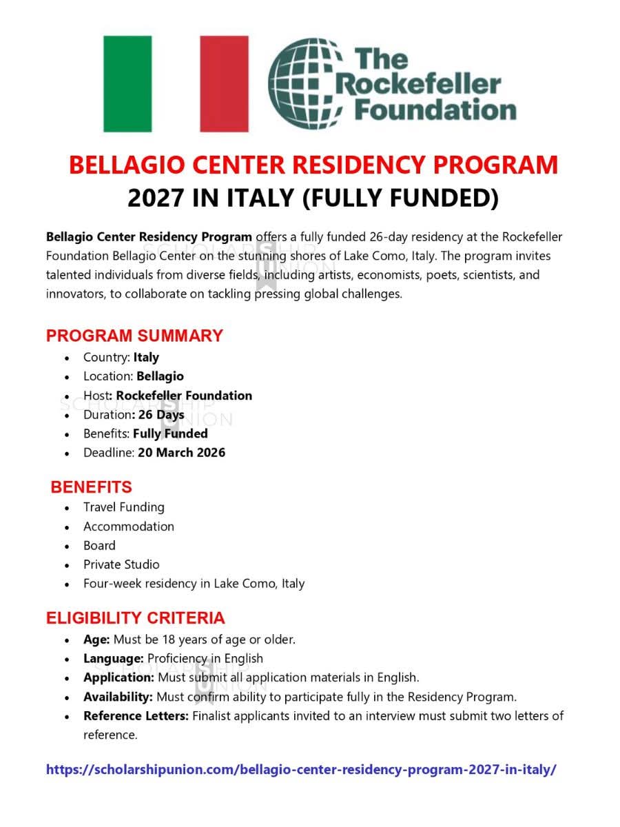 Bellagio Center Residency Program 2027 in Italy