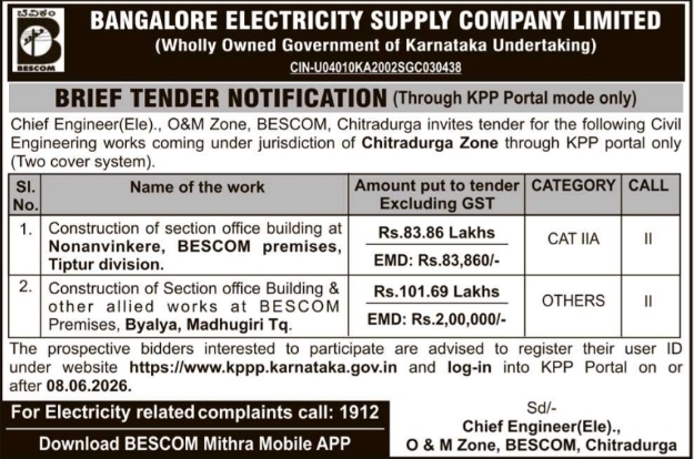 BESCOM: Chitradurga Zone Civil Engineering Tenders