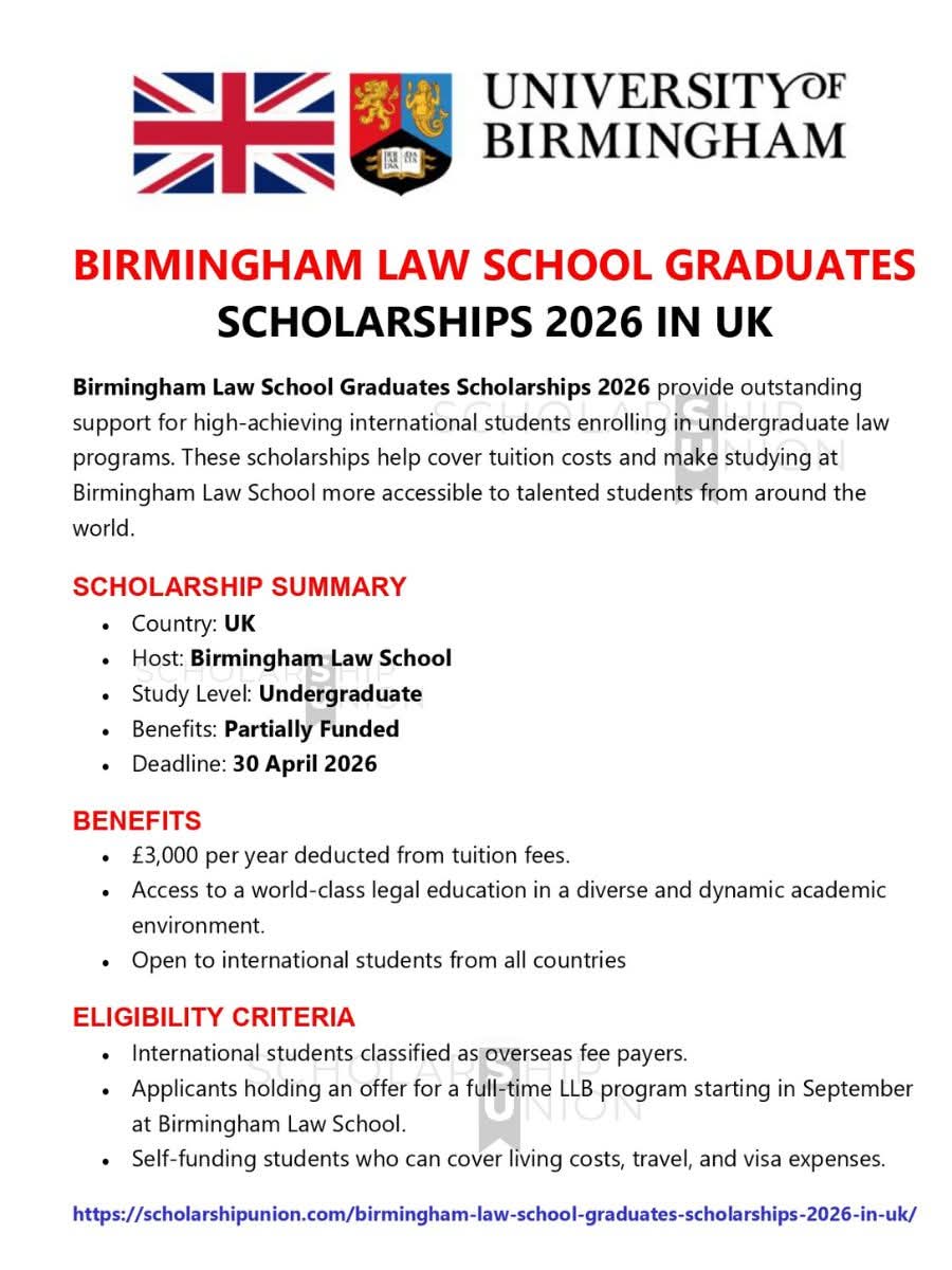 Birmingham Law School Graduates Scholarships 2026 in UK