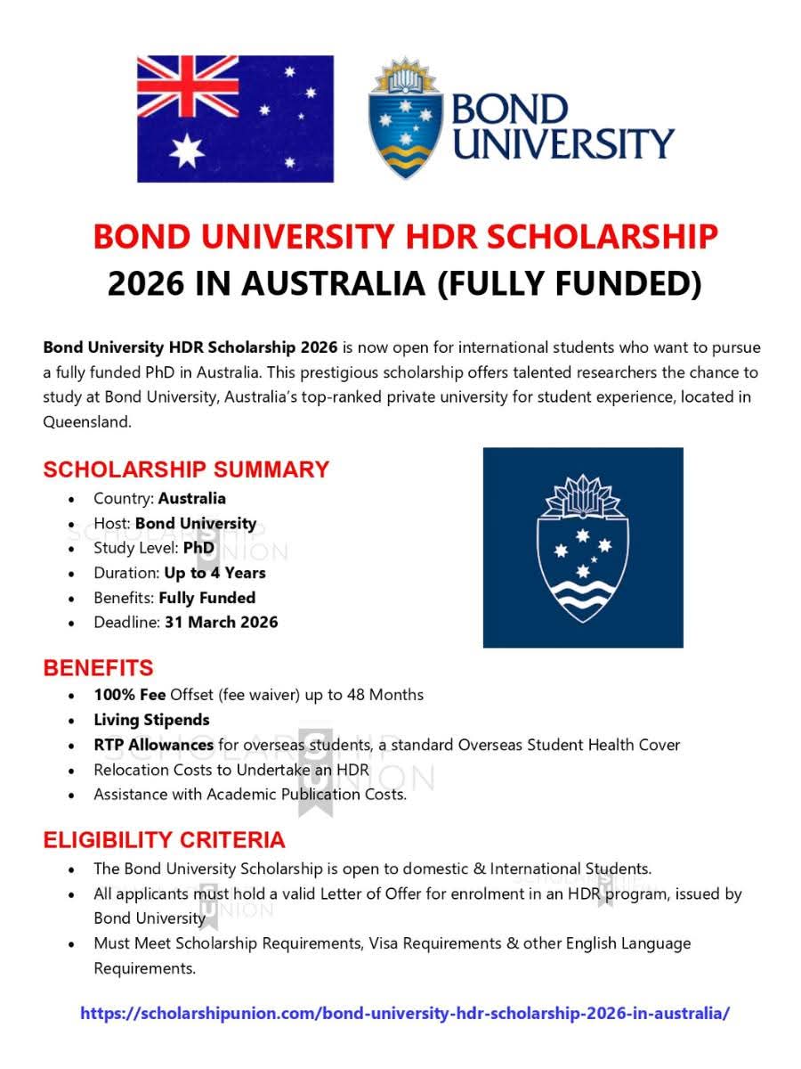 Bond University HDR Scholarship 2026 in Australia