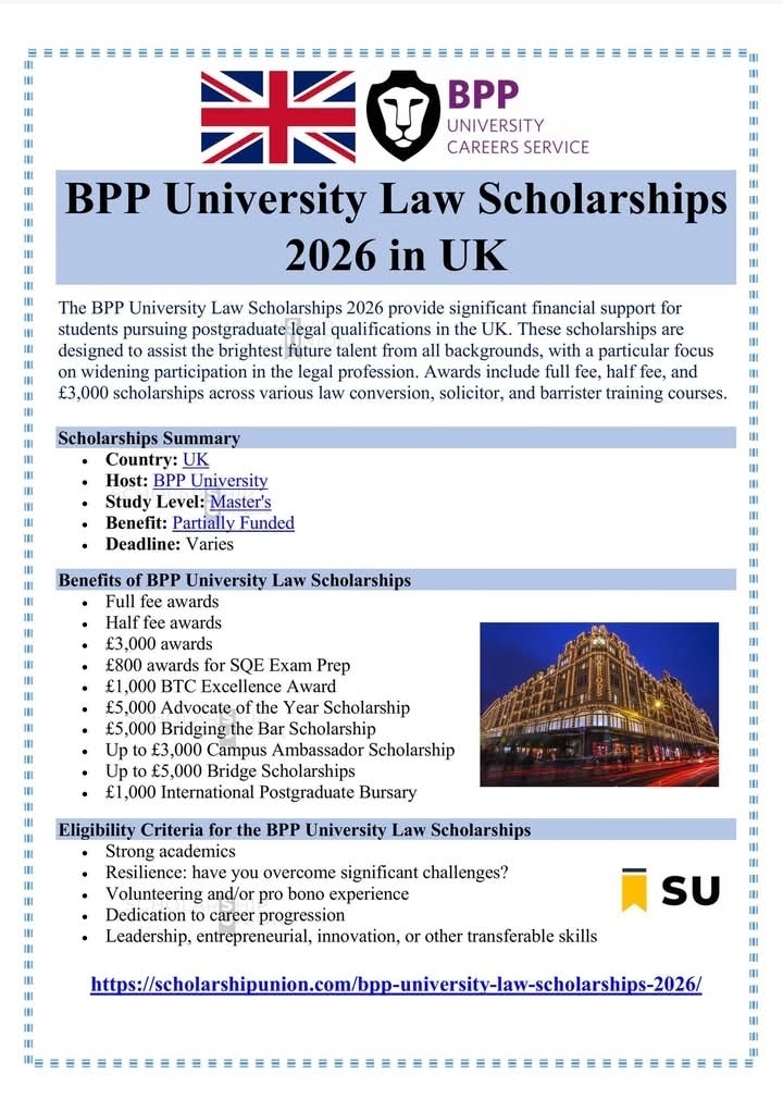 BPP University Law Scholarships 2026 in UK
