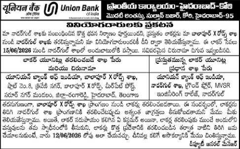 Branch Locker Shifting Notice for Union Bank of India Hyderabad