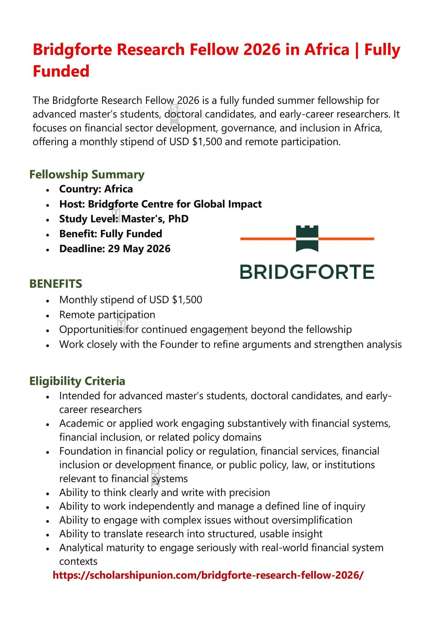 Bridgforte Research Fellow 2026 in Africa