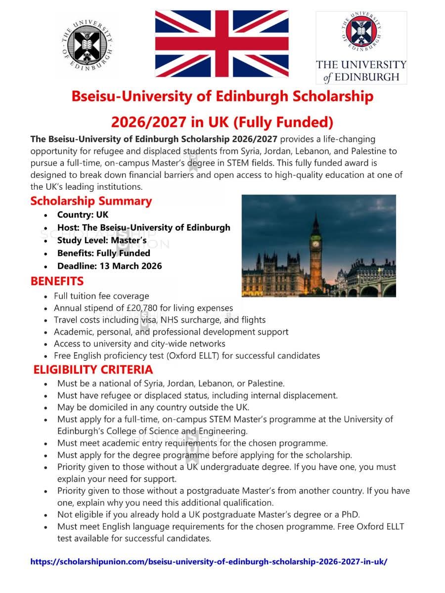 Bseisu-University of Edinburgh Scholarship 2026/2027 In UK