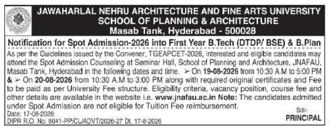 B.Tech and B.Plan Spot Admissions Schedule by JNAFAU