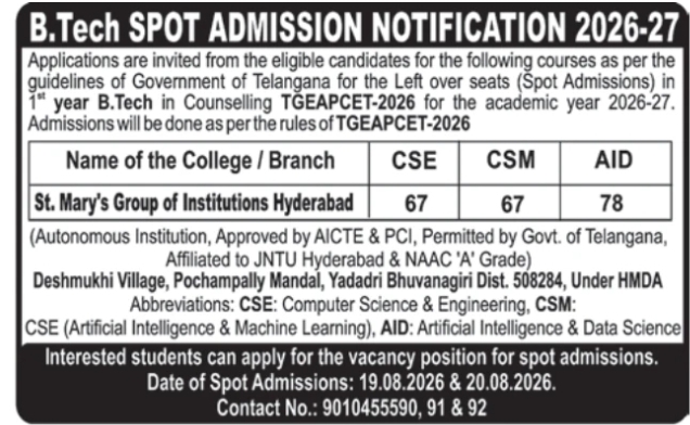 B.Tech Spot Admission Notification 2026-27 by St. Mary's Group of Institutions