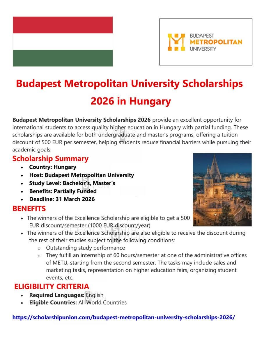 Budapest Metropolitan University Scholarships 2026 In Hungary