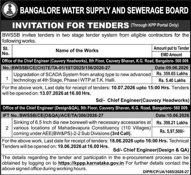 BWSSB Water Infrastructure Upgrade Tenders