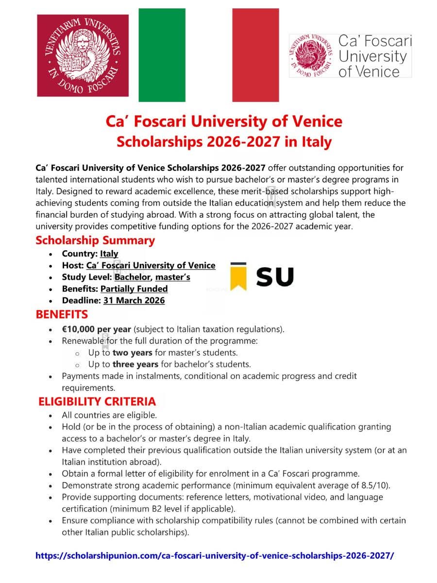 Ca’ Foscari University of Venice Scholarships 2026-2027 in Italy