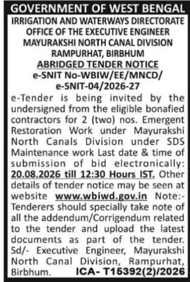 Canal Emergent Restoration Work Tender by Irrigation Dept