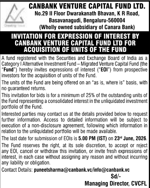 Canbank Venture Capital Fund 2026 Fund Units Acquisition EOI