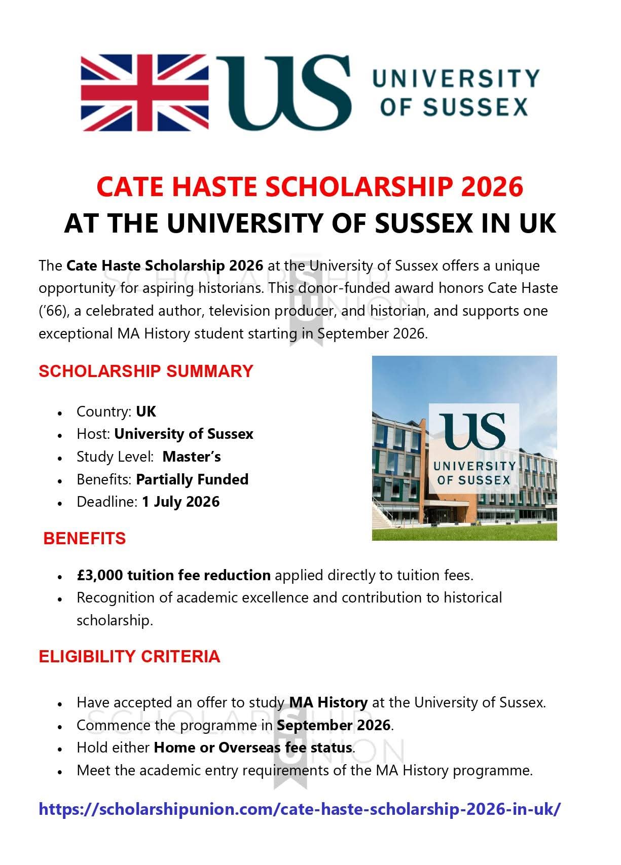 Cate Haste Scholarship 2026 In UK