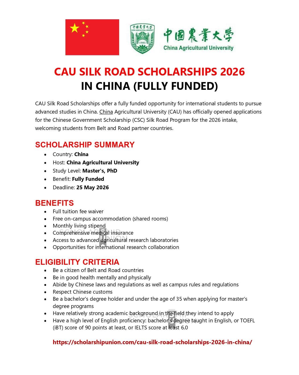 CAU Silk Road Scholarships 2026 in China