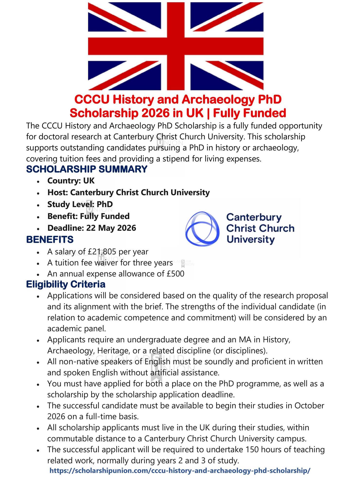 CCCU History and Archaeology PhD Scholarship 2026 in UK