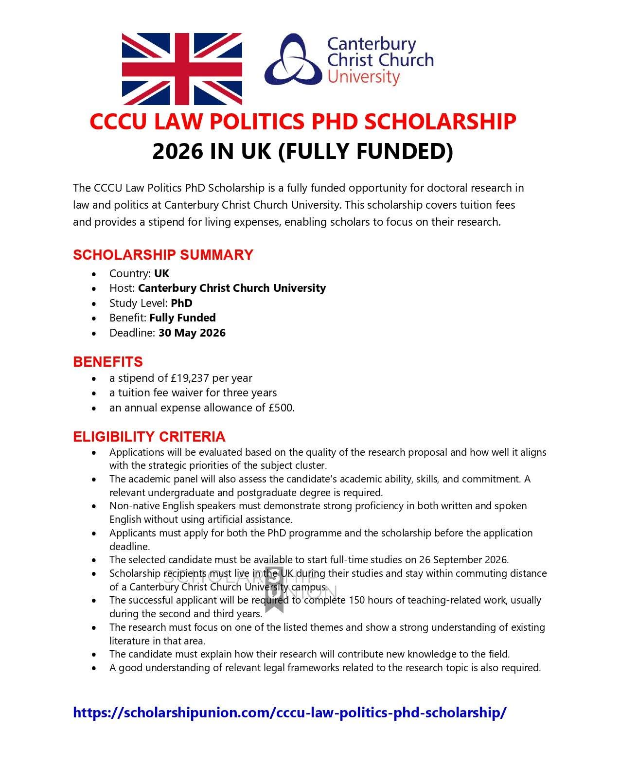 CCCU Law Politics PhD Scholarship 2026 in UK