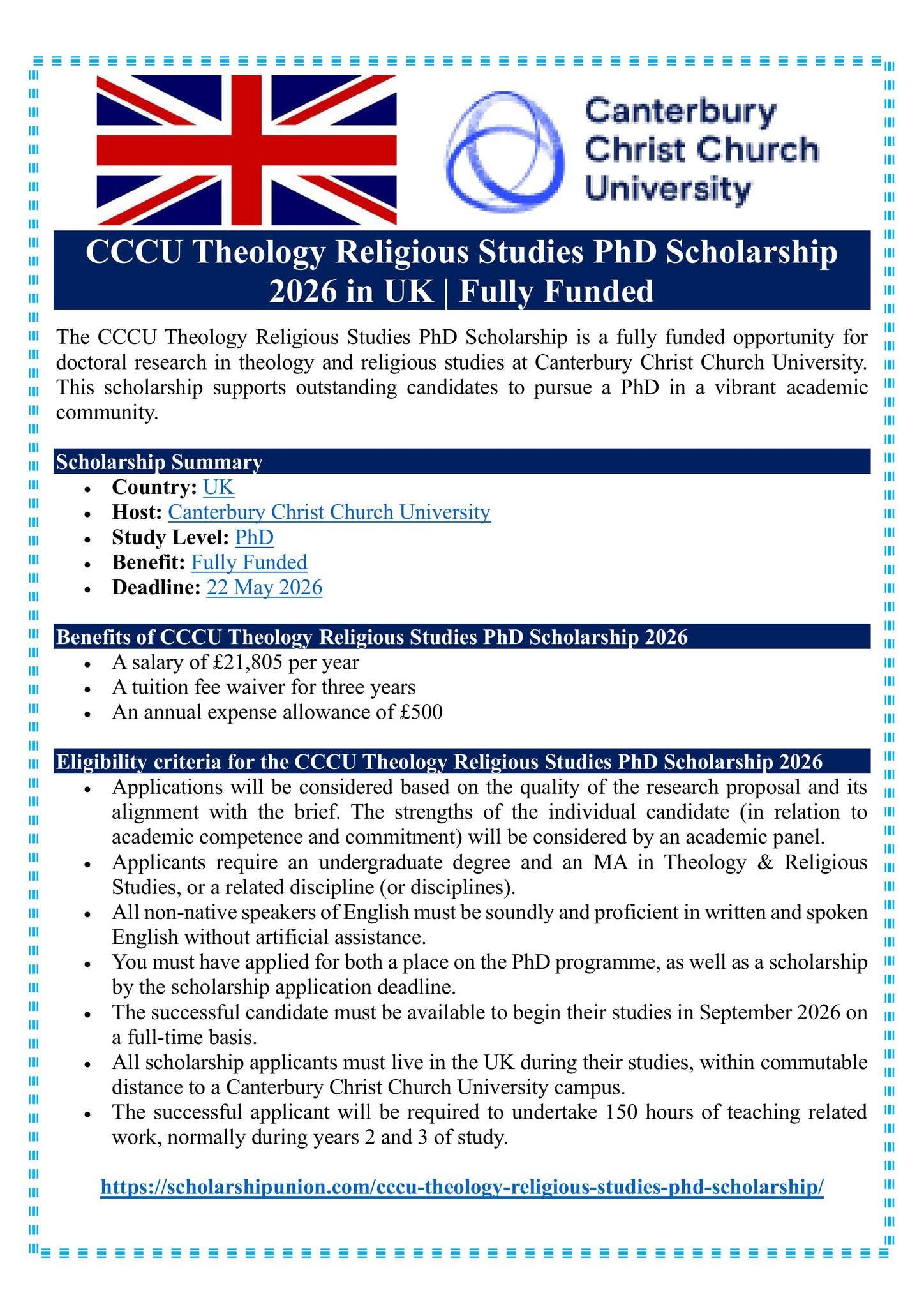 CCCU Theology Religious Studies PhD Scholarship 2026 in UK