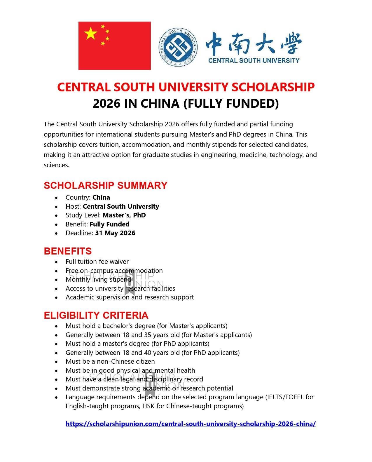 Central South University Scholarship 2026 in China