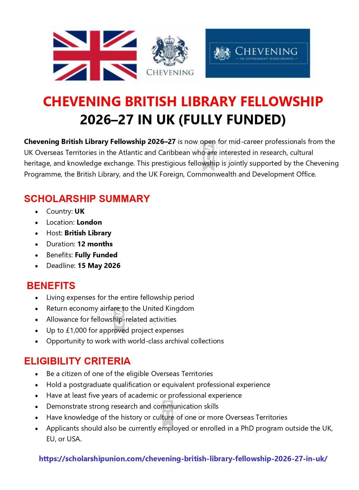 Chevening British Library Fellowship 2026–27 in UK