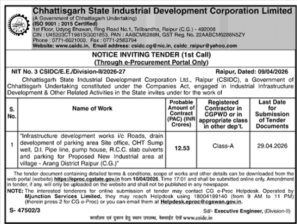 Chhattisgarh State Industrial Development Corporation E-Tender Notice