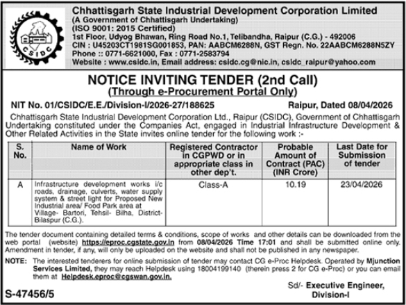 Chhattisgarh State Industrial Development Corporation Limited Tender Notice