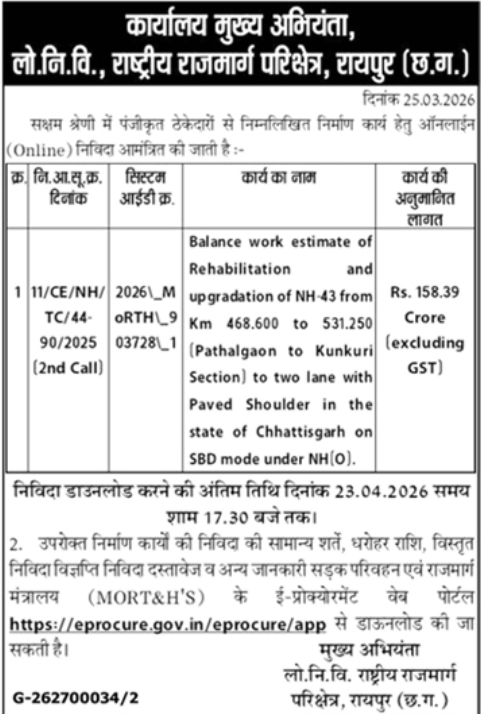 Chief Engineer of PWD National Highway Circle Tender Notice