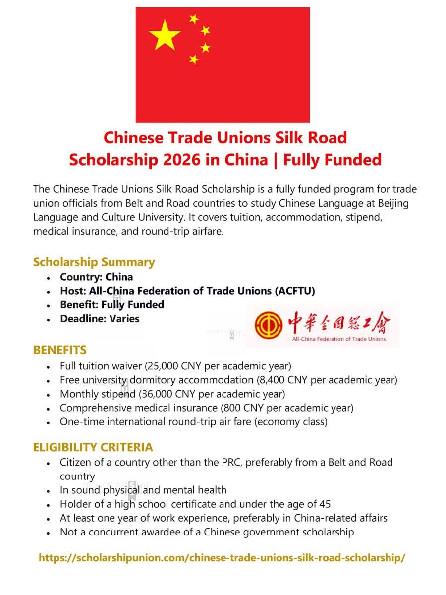 Chinese Trade Unions Silk Road Scholarship 2026 in China