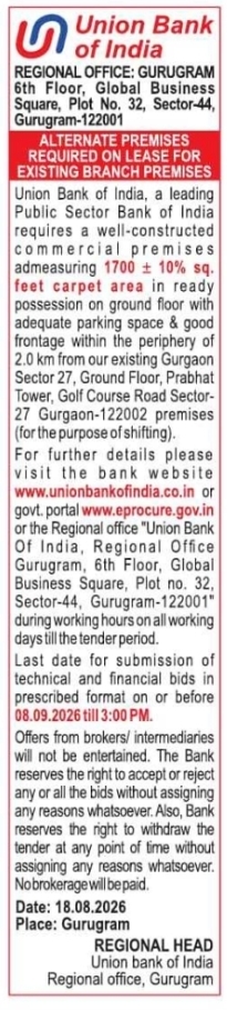 Commercial Premises Required on Lease by Union Bank of India