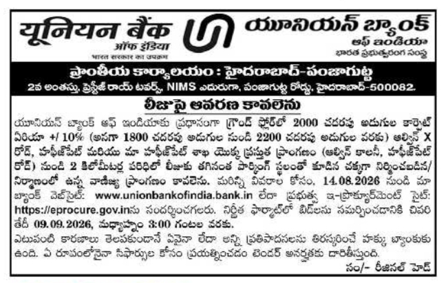 Commercial Space Rental Property Requirement by Union Bank of India Punjagutta