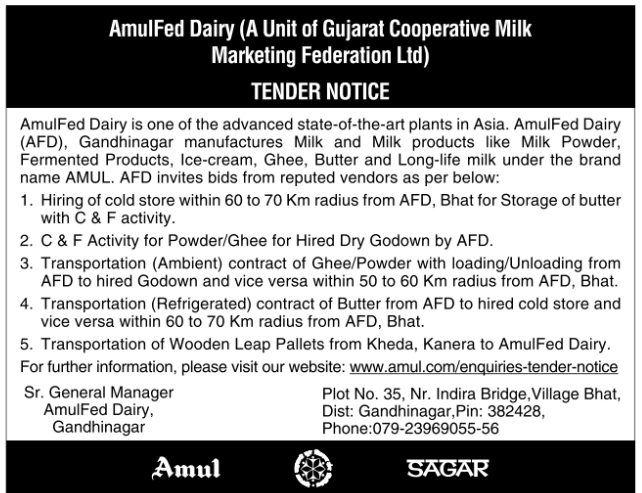 Commercial Vendor Supply Tender Notification by AmulFed Dairy Gandhinagar