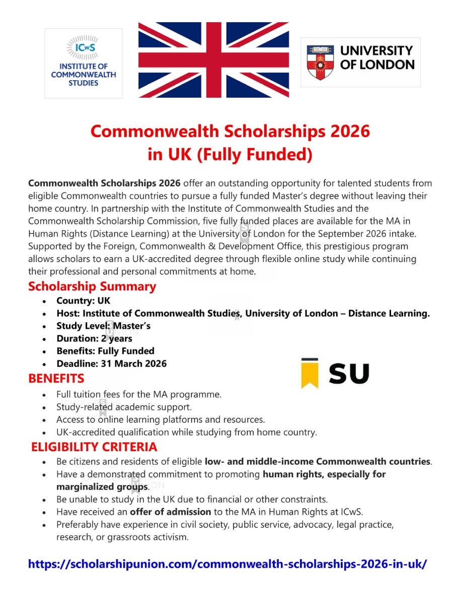 Commonwealth Scholarships 2026 In UK