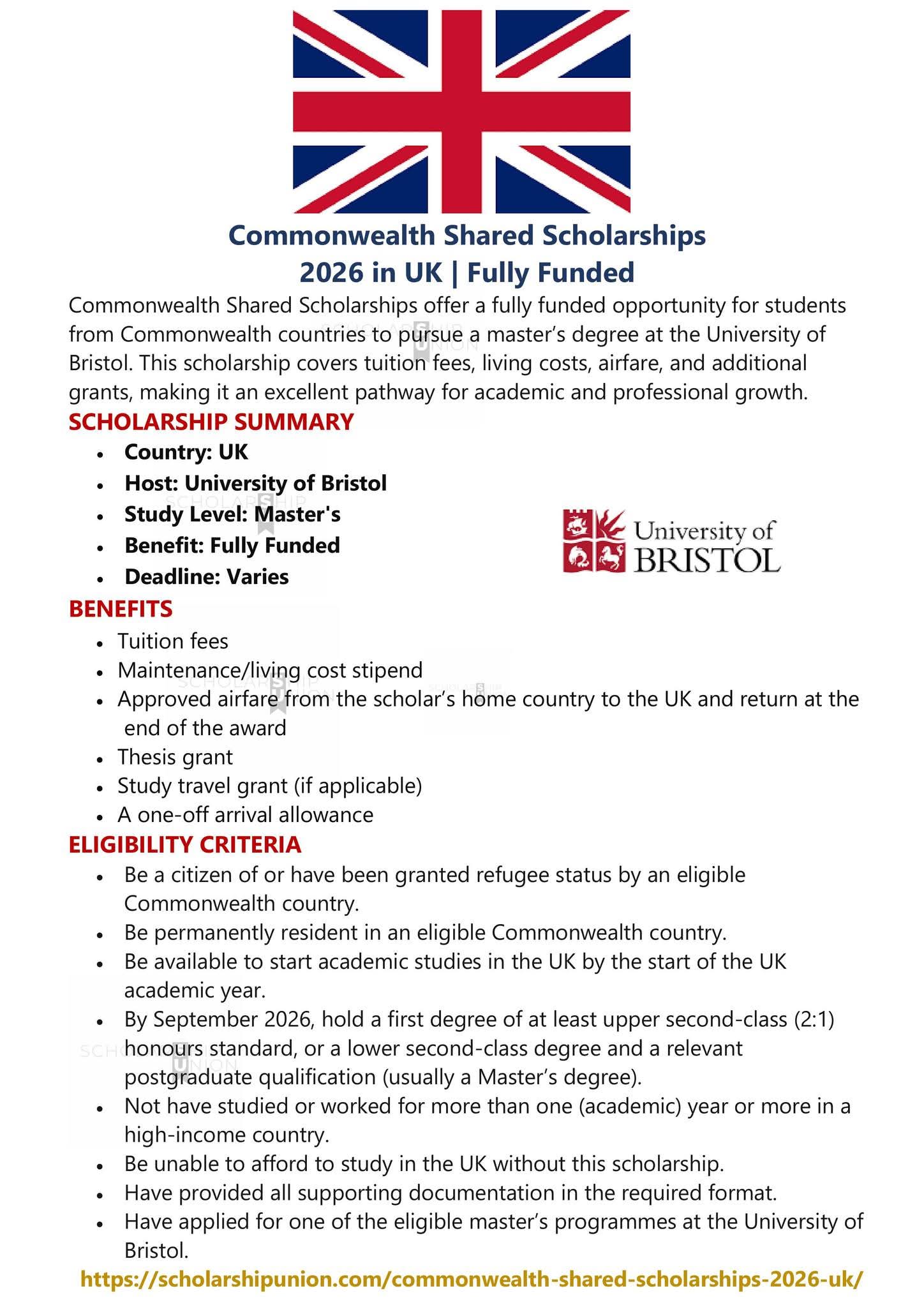 Commonwealth Shared Scholarship 2026 in UK