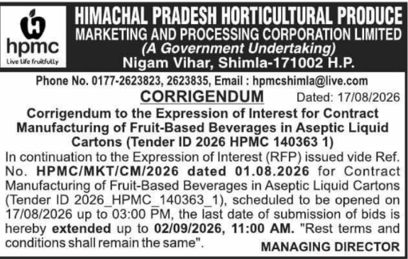 Corrigendum for Fruit Beverage Contract Manufacturing by HPMC