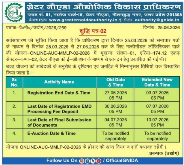 Corrigendum Notice: Multimodal Logistics Park E-Auction, Greater Noida Authority
