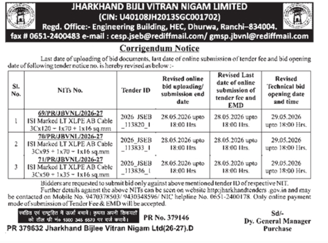 Corrigendum Notice: Revised Dates for LT XLPE AB Cable Tenders (JBVNL)