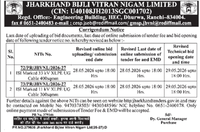 Corrigendum Notice: Revised Dates for UG Cable Tenders (JBVNL)